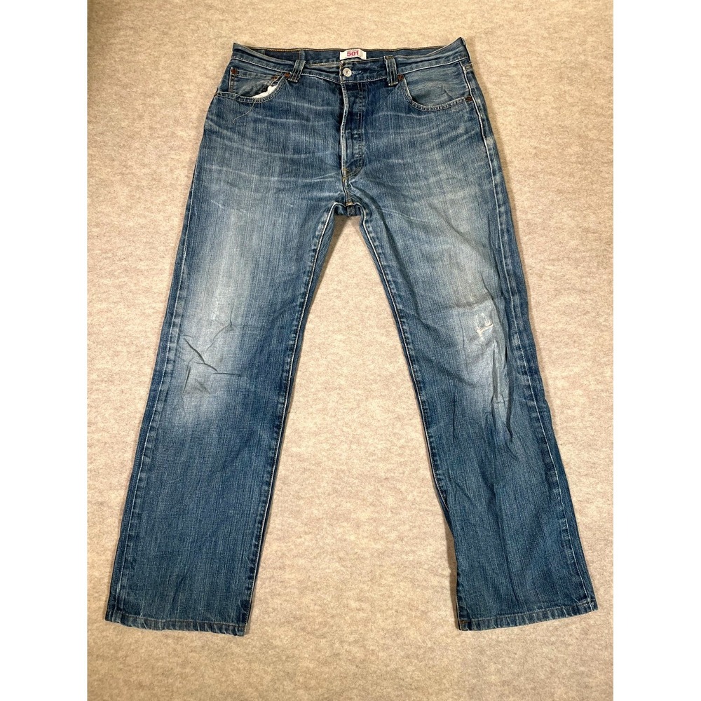 Levis 501 Straight Leg Jeans Mens 36x34 Blue Whiskering Denim Cotton Button Fly